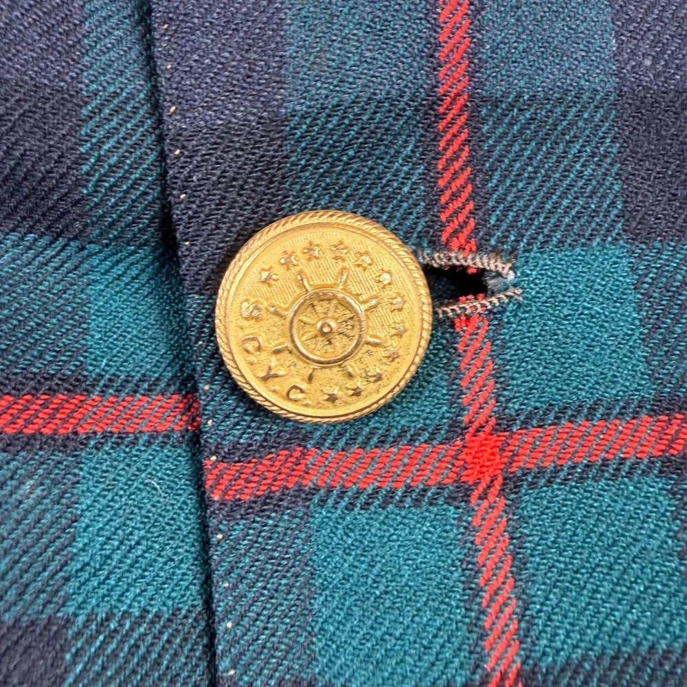 Fruhauf New York Mens Plaid Blazer Large Green Navy Tartan Gold Crest Buttons